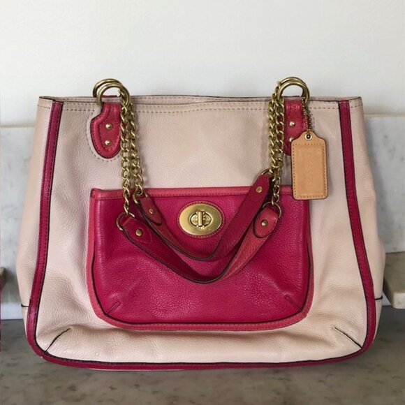 COACH Pink Cream/ Light Taupe Leather Color Block Chain Strap Tote Purse - Picture 4 of 14